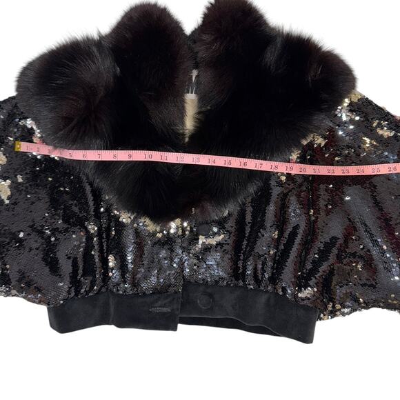 Friends With Money Black Sliver Sequin Fur Trimmed Suede Leather Cropped Jacket - Picture 9 of 11